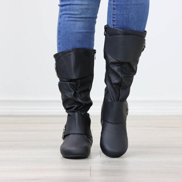 Black Mid-Calf Boots Slouch Shaft Faux Leather Side Zip Flat Sole - Picture 4 of 14